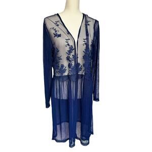 Forgotten Grace Navy Blue Long Sleeve Sheer Lace Topper Cardigan Large